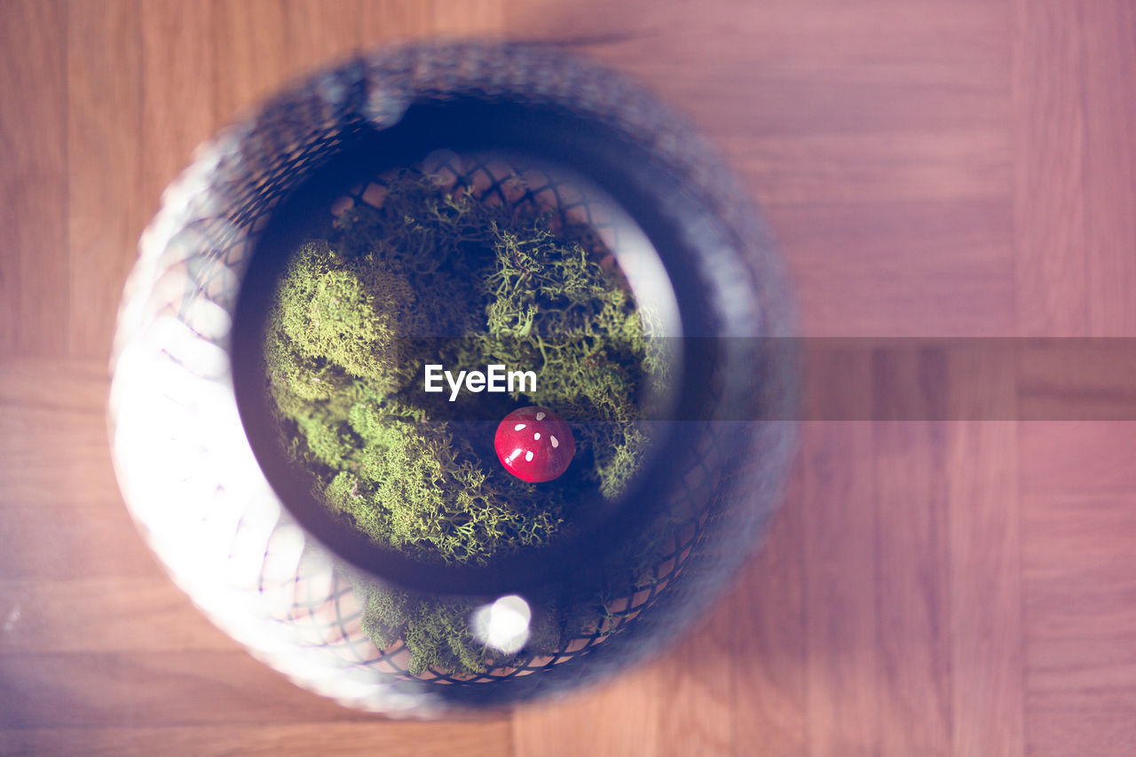 DIRECTLY ABOVE SHOT OF DESSERT IN CONTAINER ON TABLE