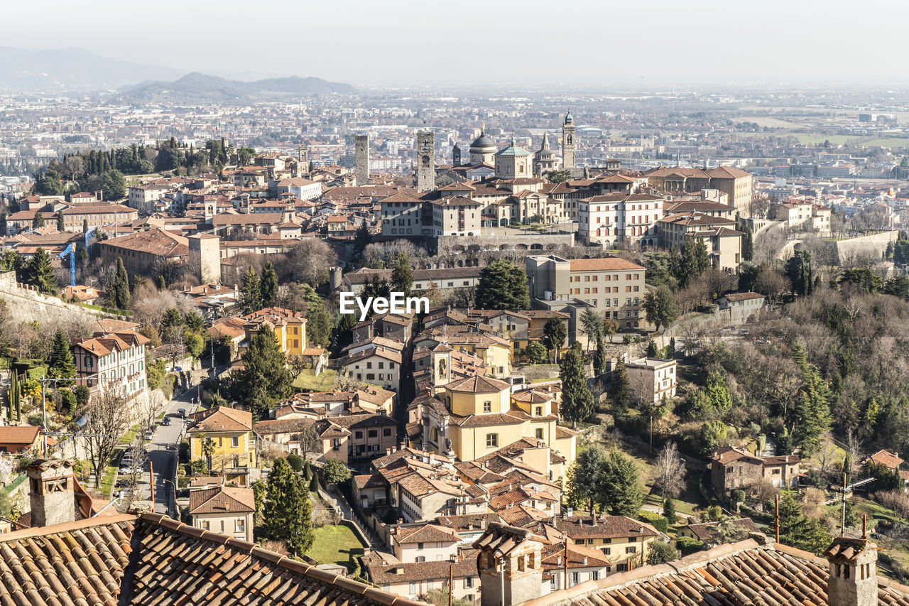 Aerial view of the historic center of bergamo alta