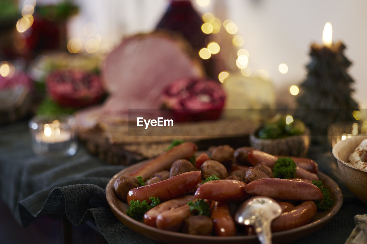 Christmas food and decoration on table