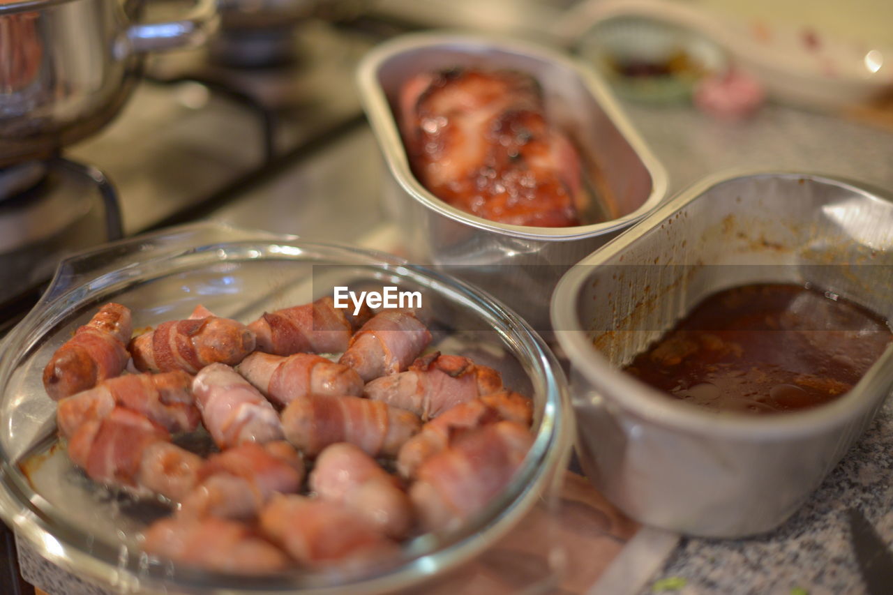 High angle view of meat in container on table