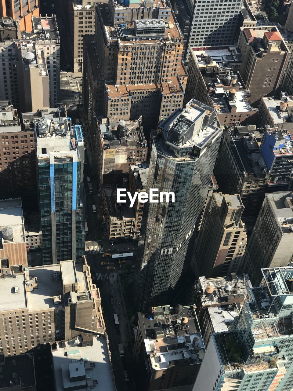 High angle view of modern buildings in city