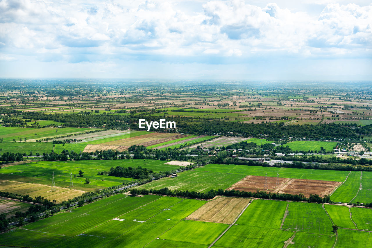 Aerial view of agricultural landscape against sky