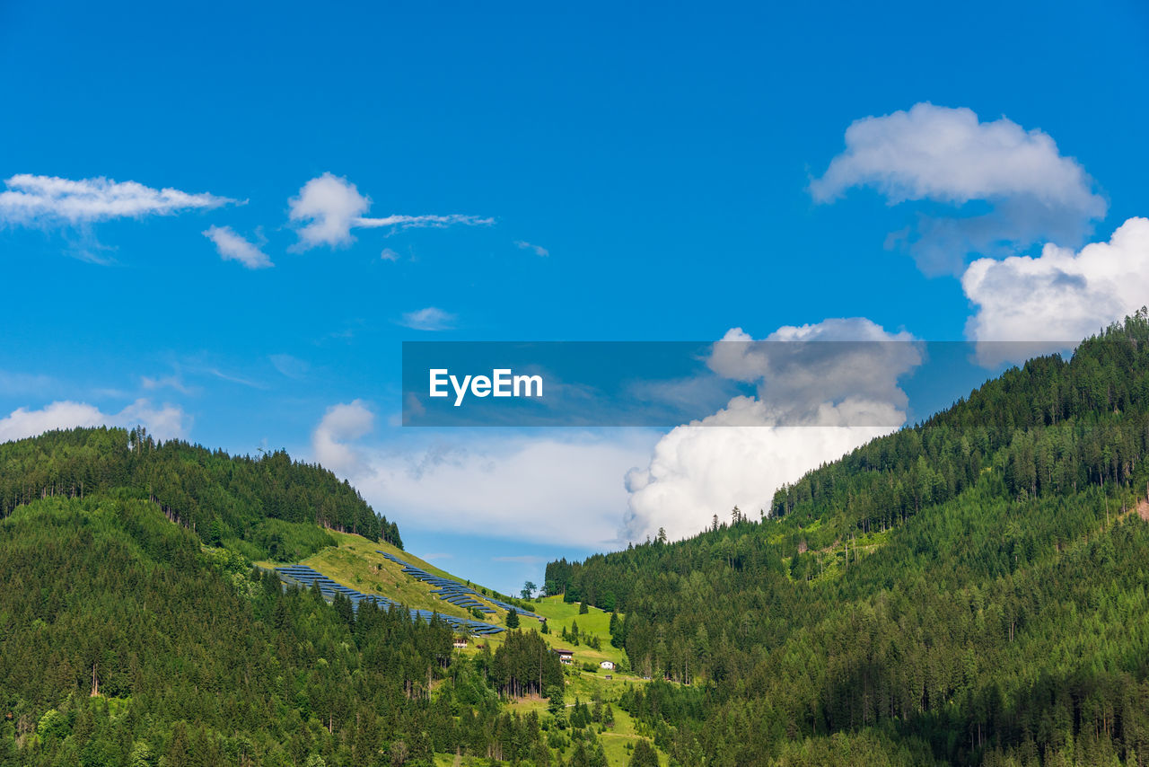 Photovoltaic farm located on a mountain slope in the alps. green pasture grass and blue sky