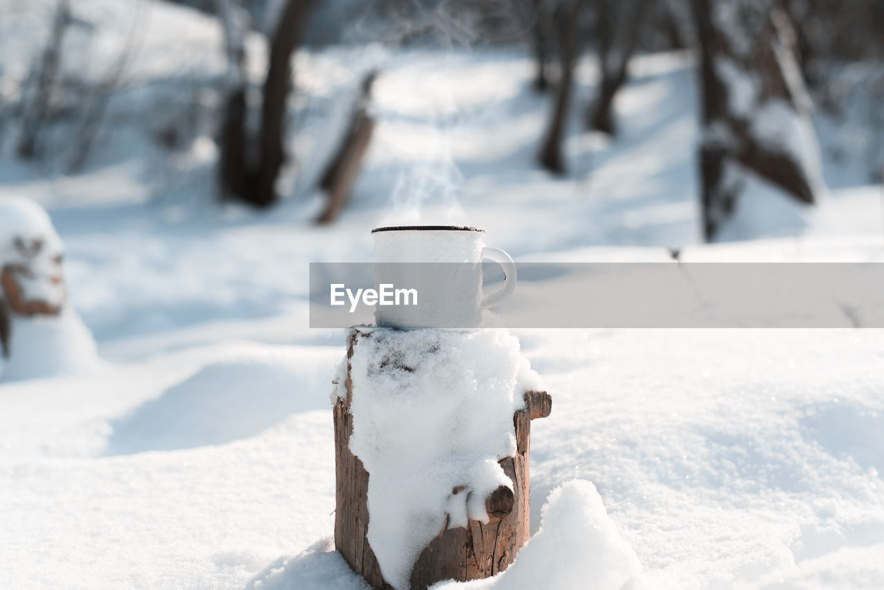 An enamelled mug with a hot drink standing on a snow-covered stump in a winter forest. steam rises