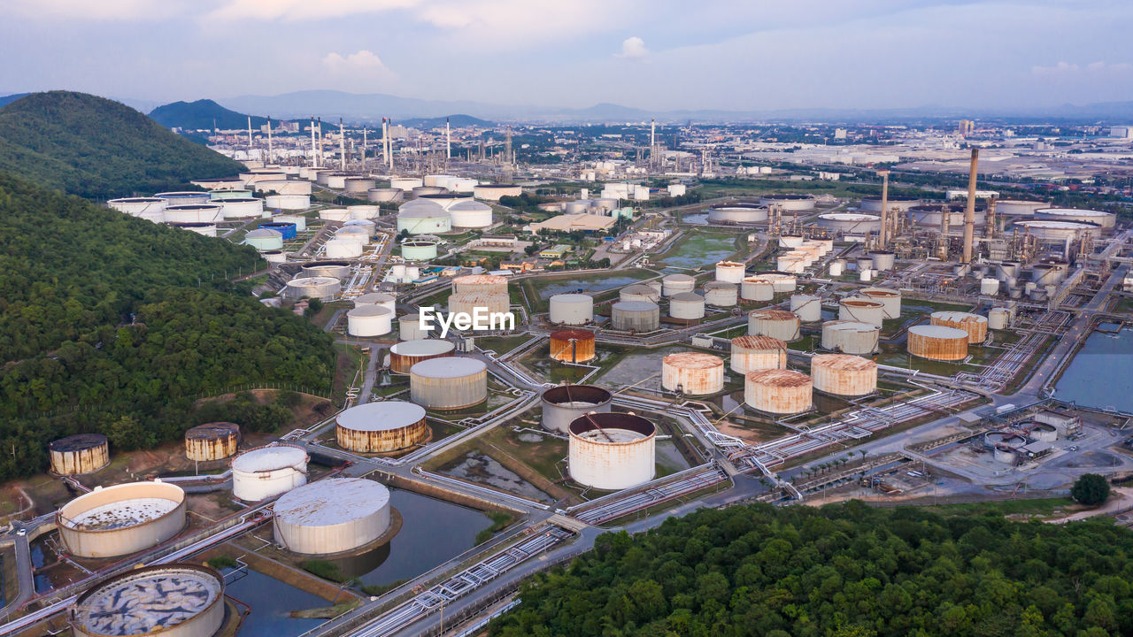 Aerial view of power station against sky