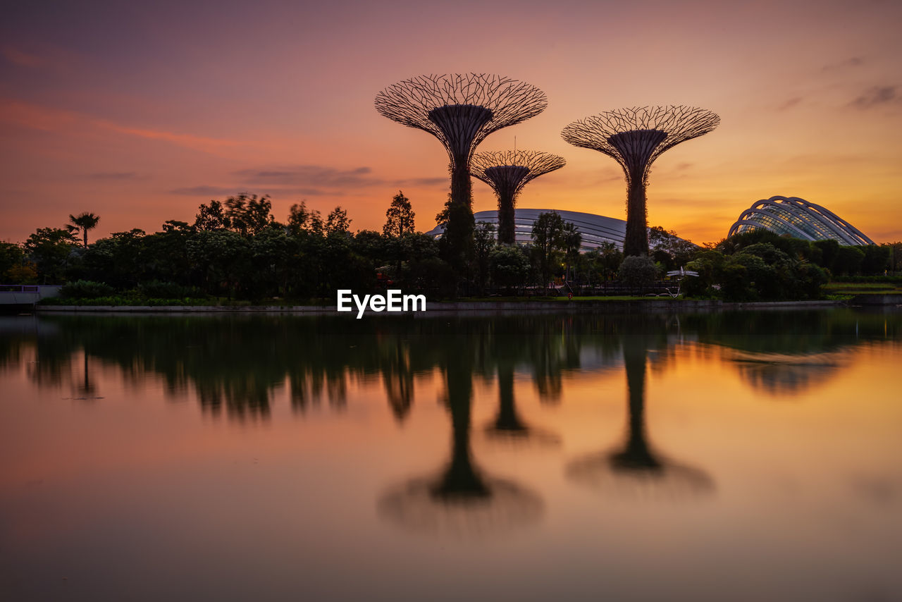 REFLECTION OF TREES IN LAKE AGAINST SKY DURING SUNSET