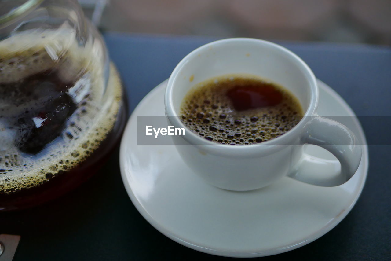 HIGH ANGLE VIEW OF COFFEE CUP AND TEA