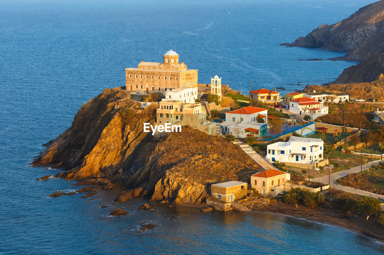 Morning view of psara village and agios nikolaos church.