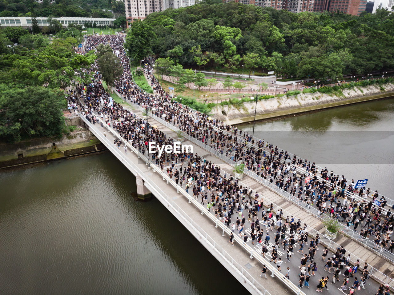 High angle view of people by river