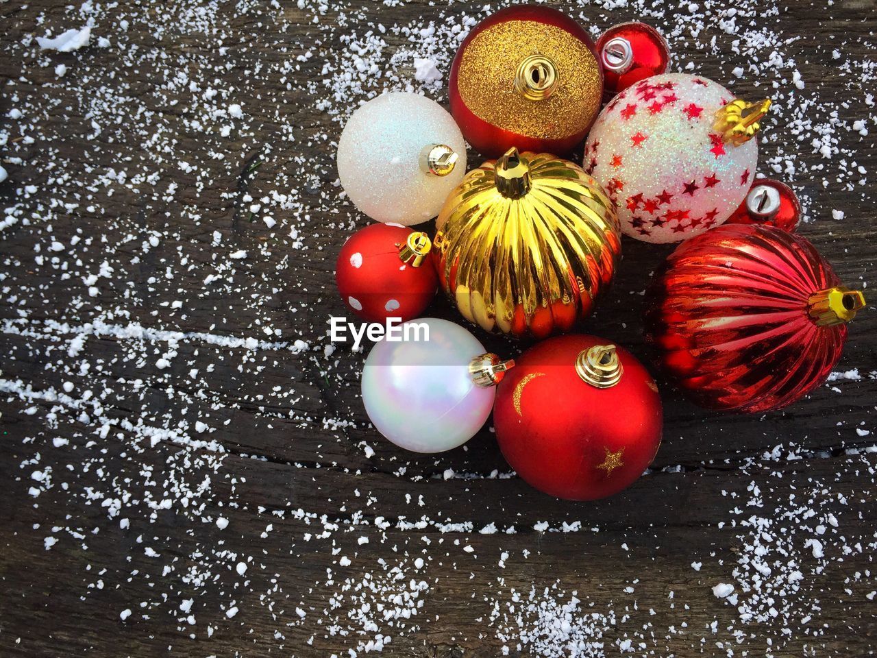 High angle view of christmas ornaments on table