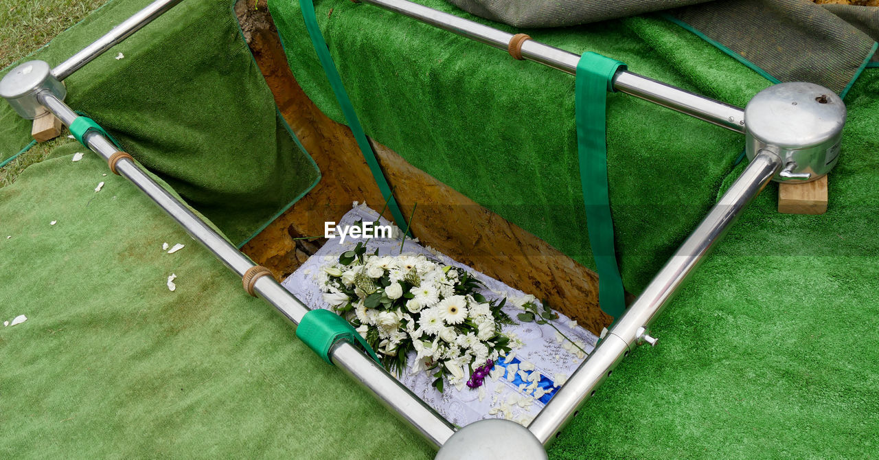 High angle view of flowers in hearse