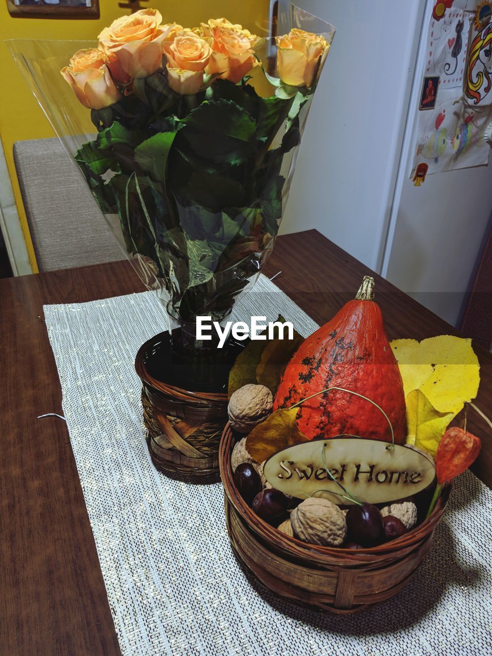 High angle view of rose bouquet on table