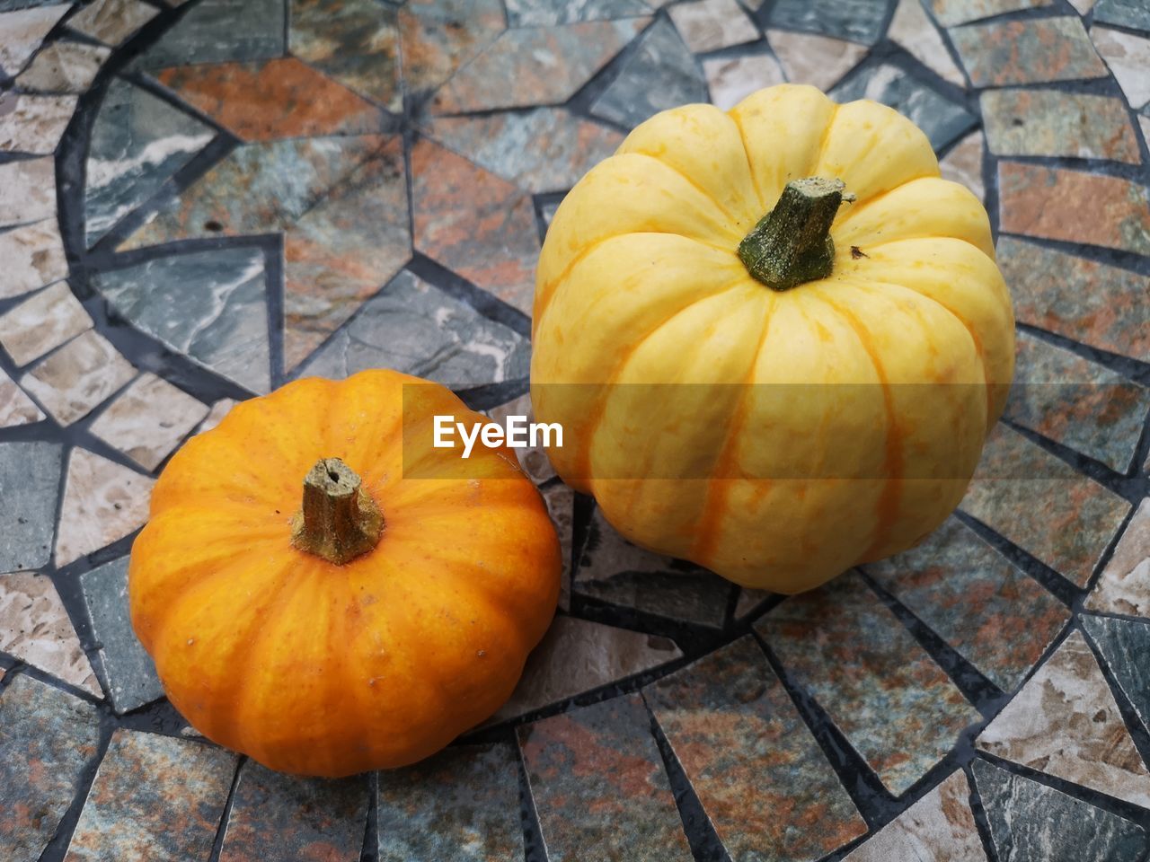 High angle view of pumpkins on table
