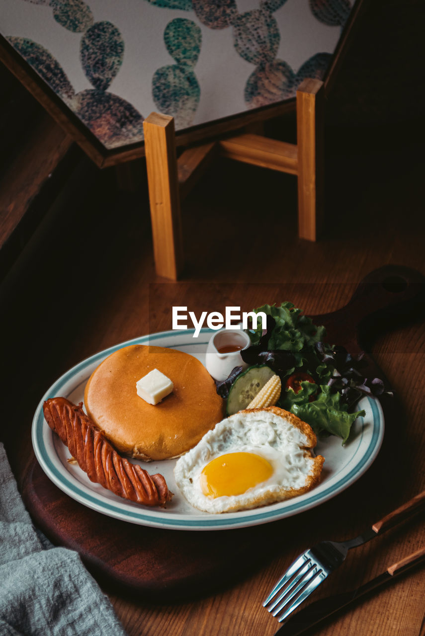 High angle view of food in plate on table