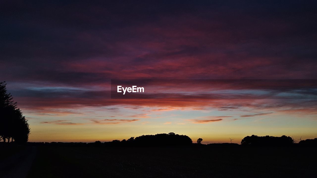 SILHOUETTE TREES ON FIELD AGAINST SKY DURING SUNSET