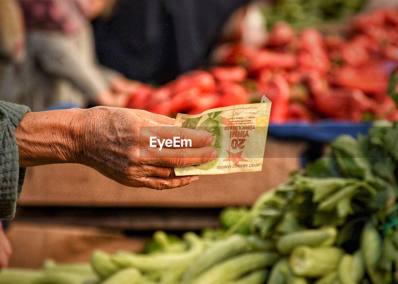 Cropped image of hand holding currency at market stall