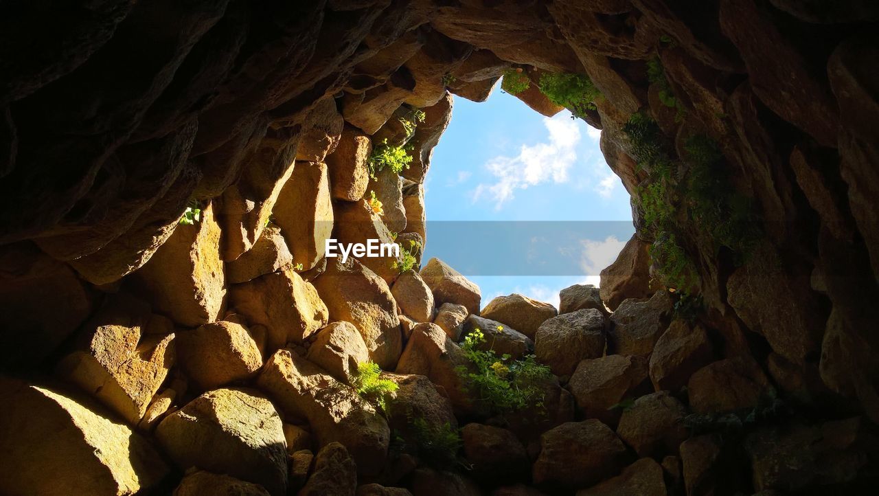 Low angle view of rock formation against sky