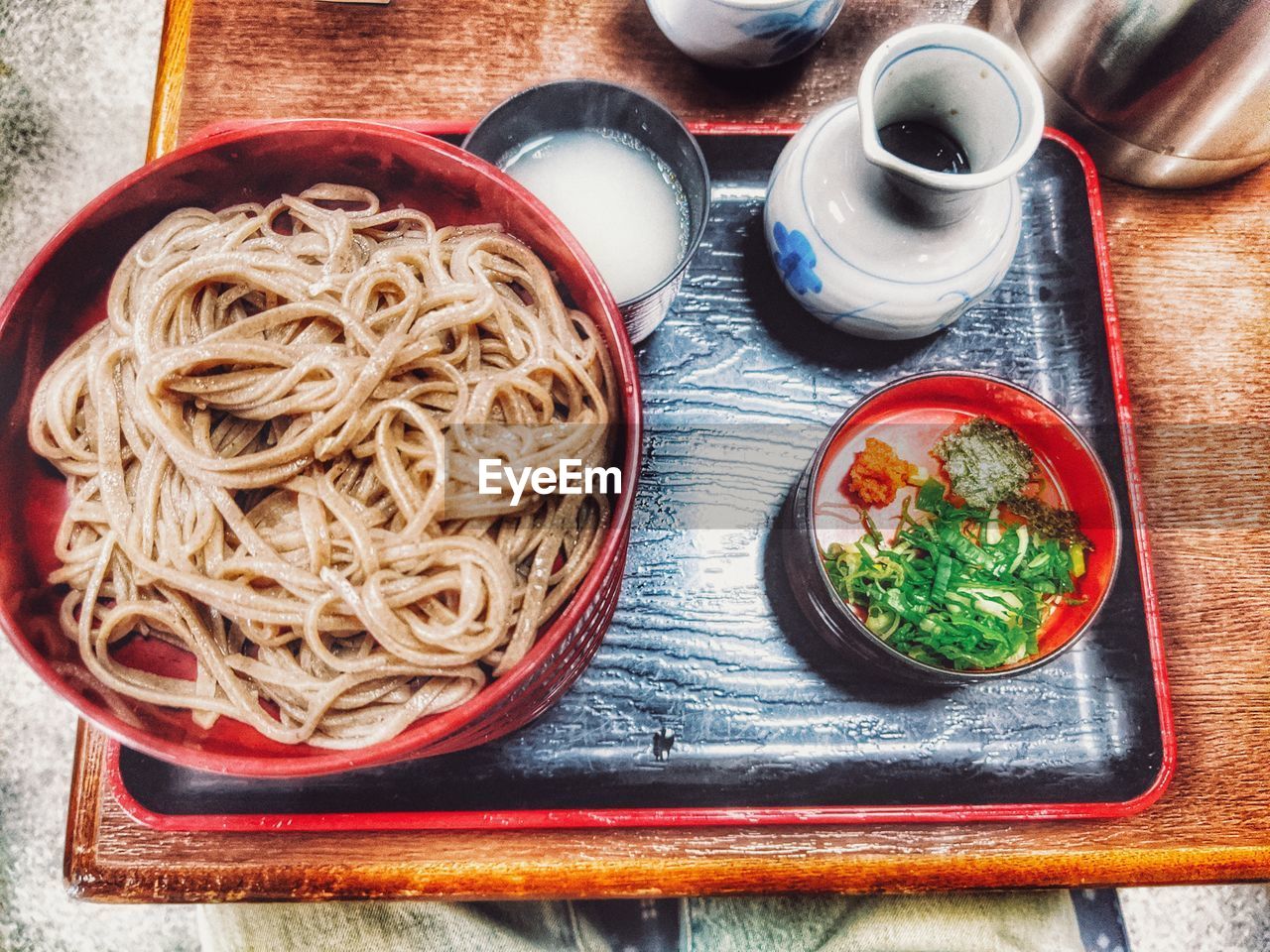 High angle view of noodles in bowl on table