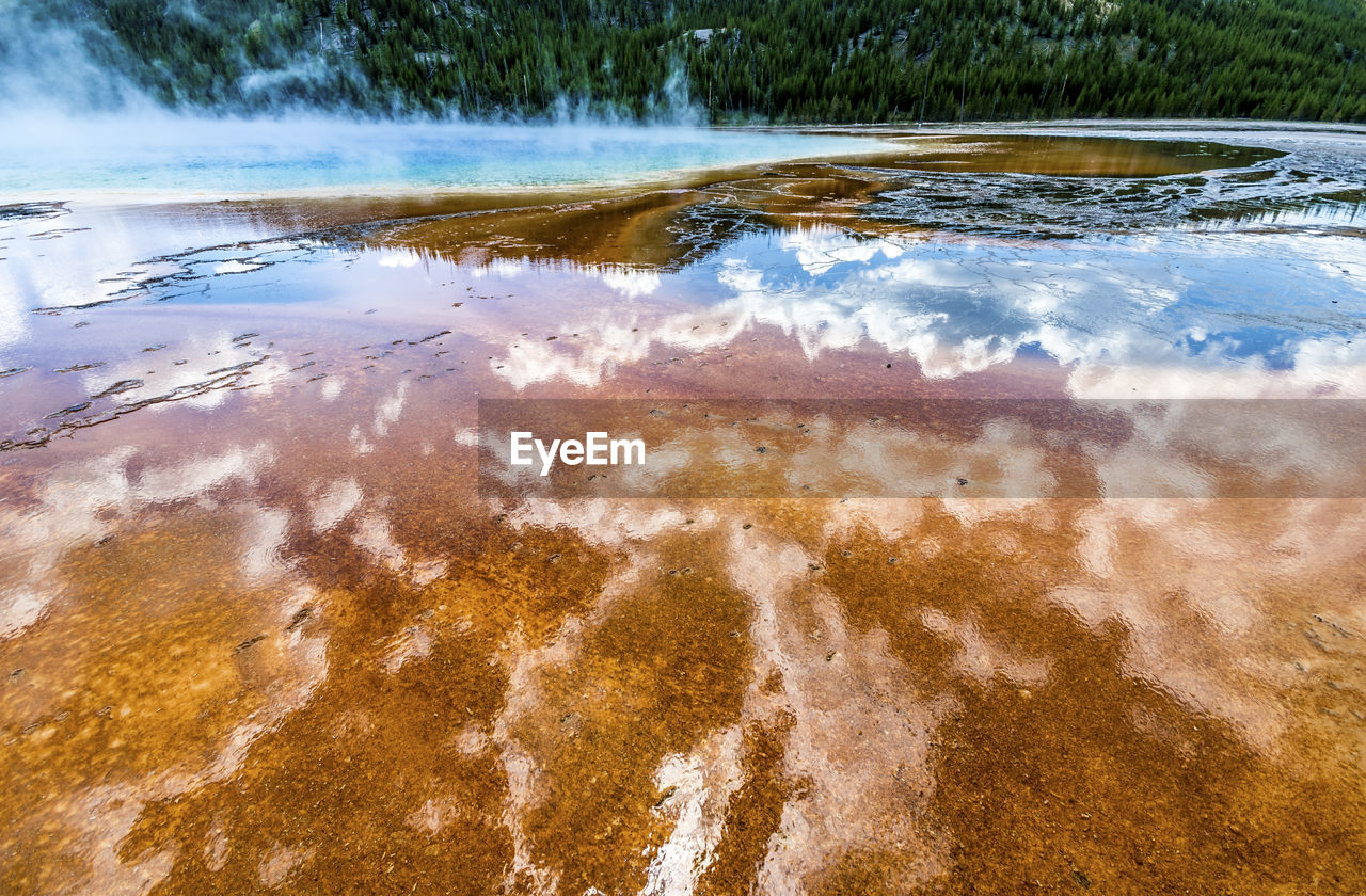 Scenic view of smoke emitting from hot spring