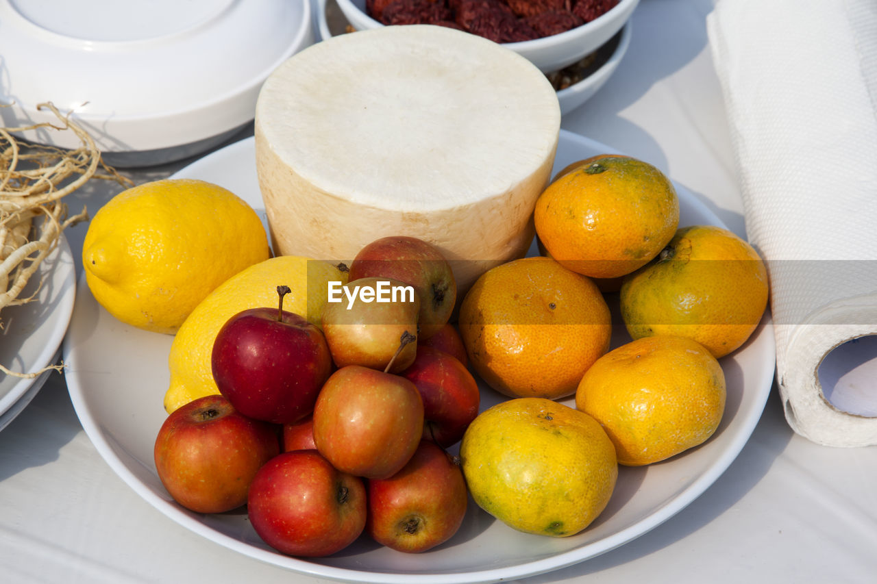 High angle view of fruits in plate