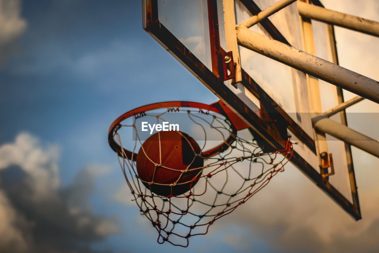 CLOSE-UP OF BASKETBALL HOOP AGAINST SKY