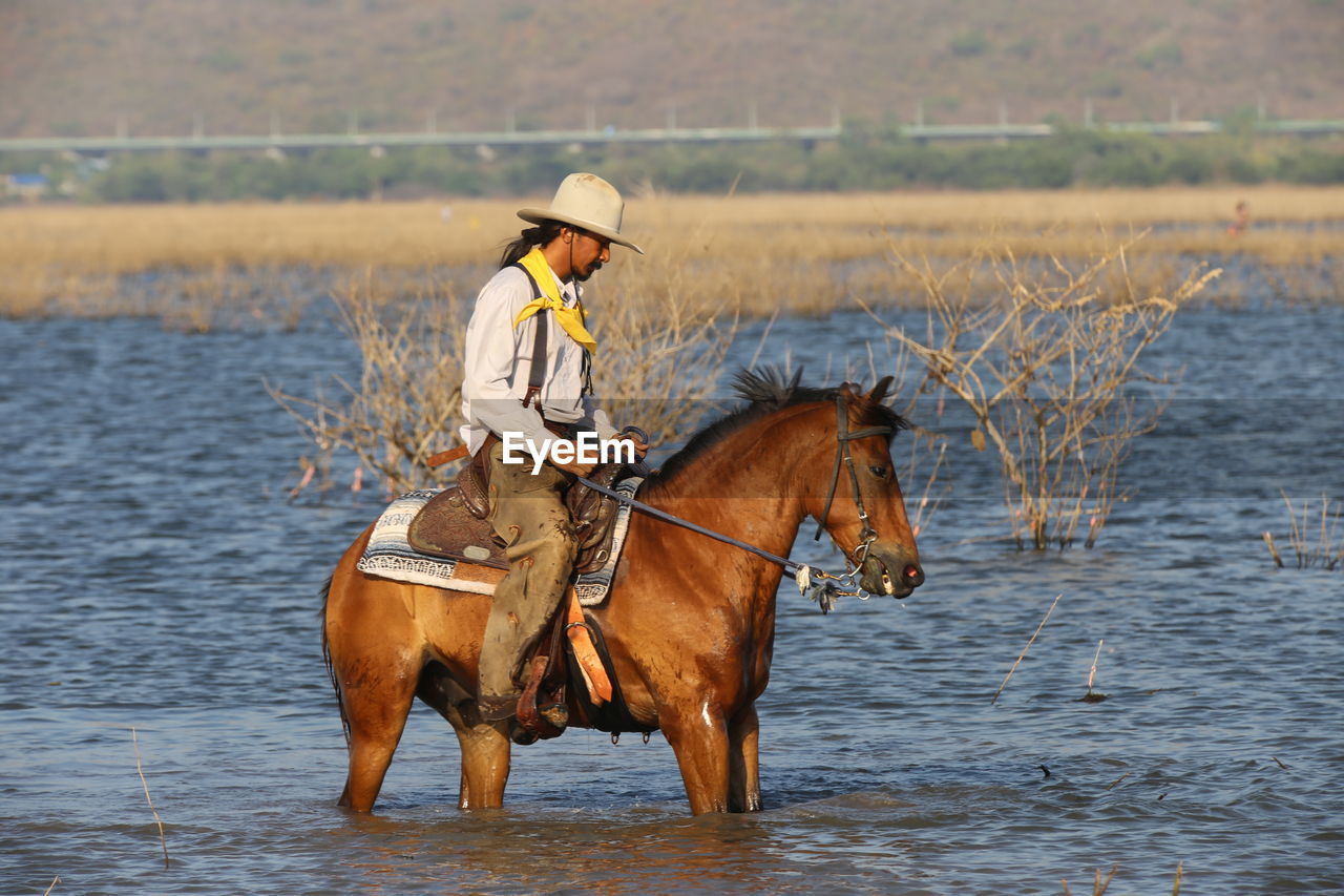 Man riding horse in lake