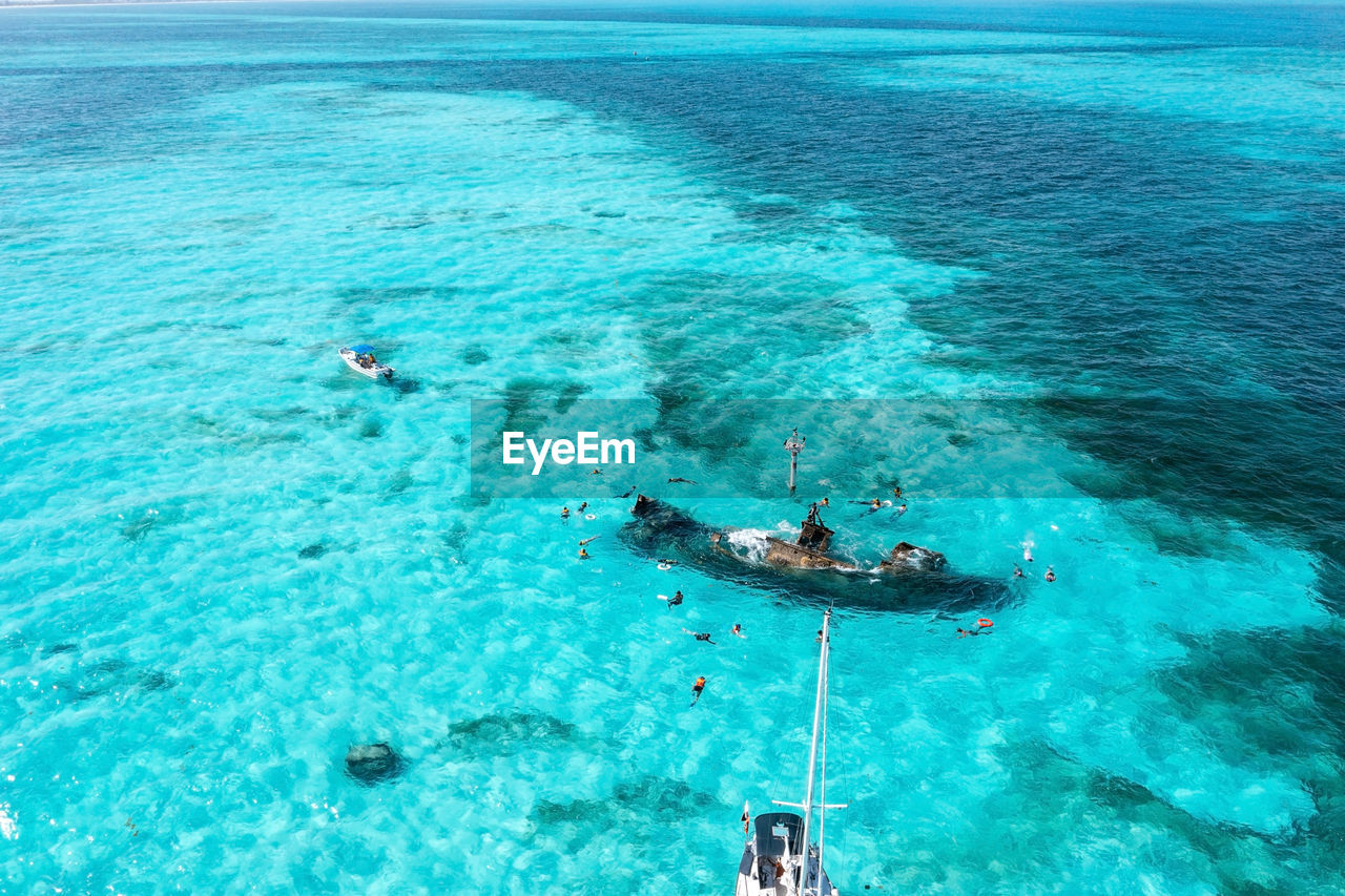 People snorkelling around the ship wreck near bahamas in the caribbean sea.