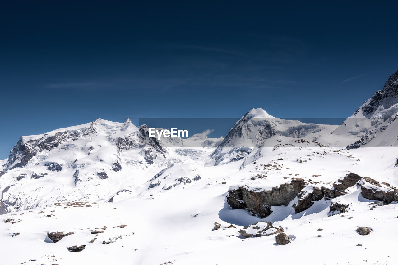 SNOW COVERED MOUNTAINS AGAINST BLUE SKY