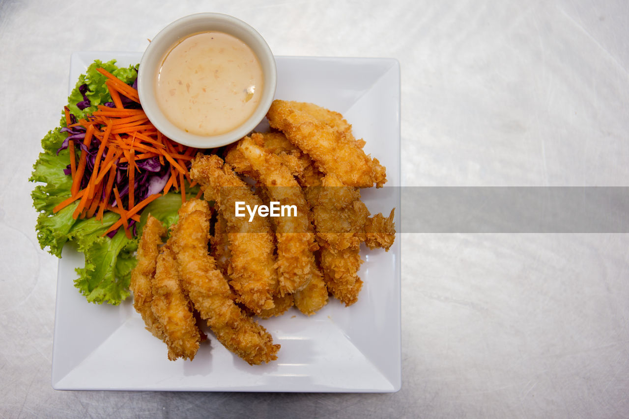 High angle view of food in plate on table