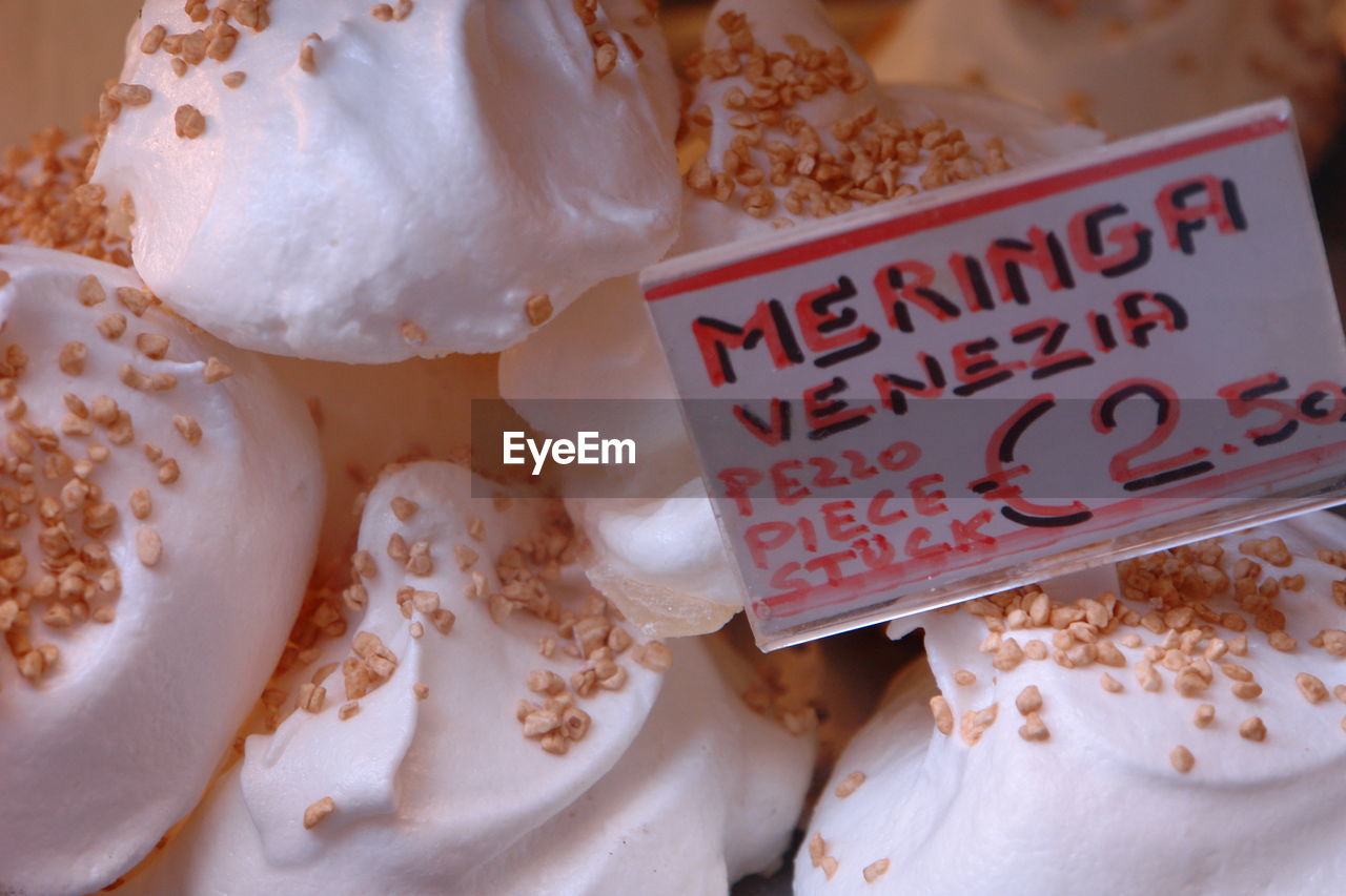 Close-up of meringue on display