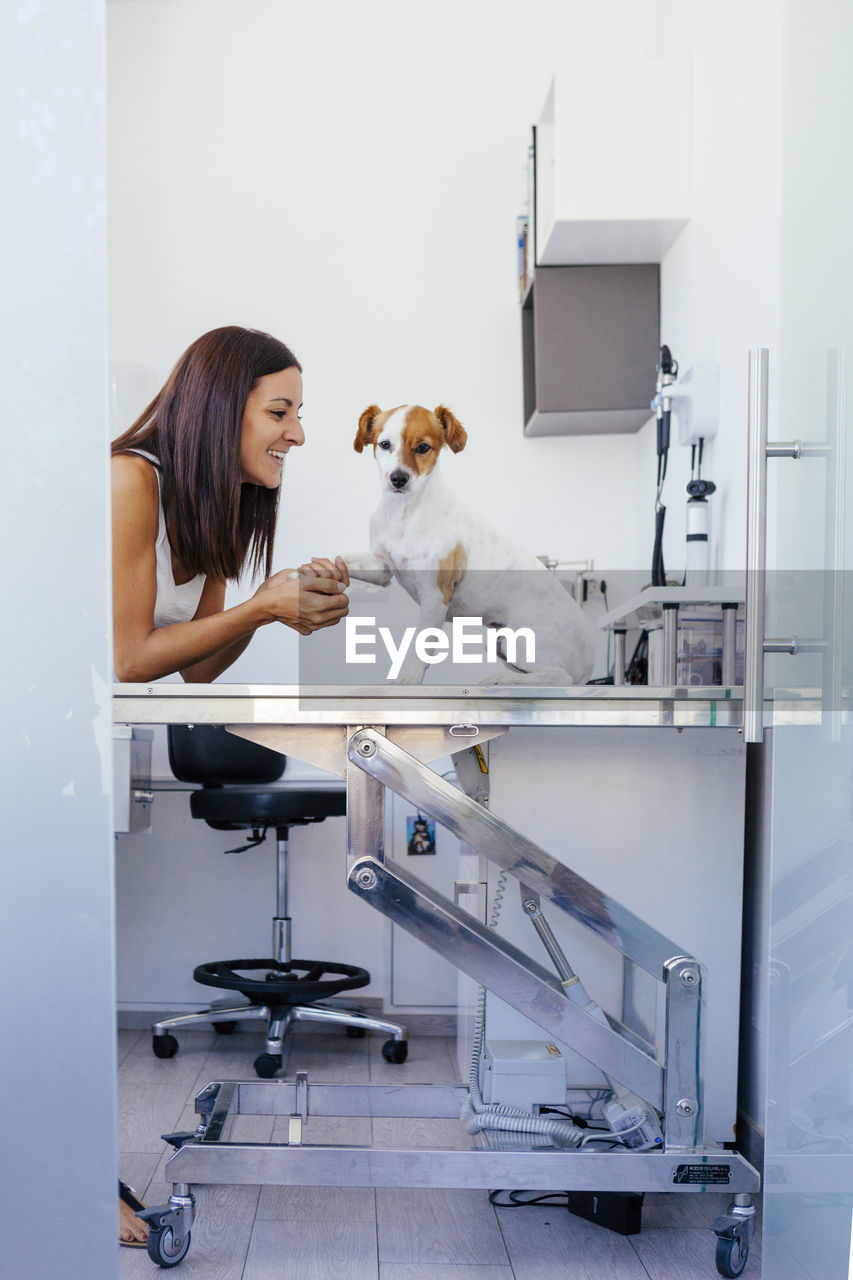 Smiling veterinarian holding dog on table in animal hospital