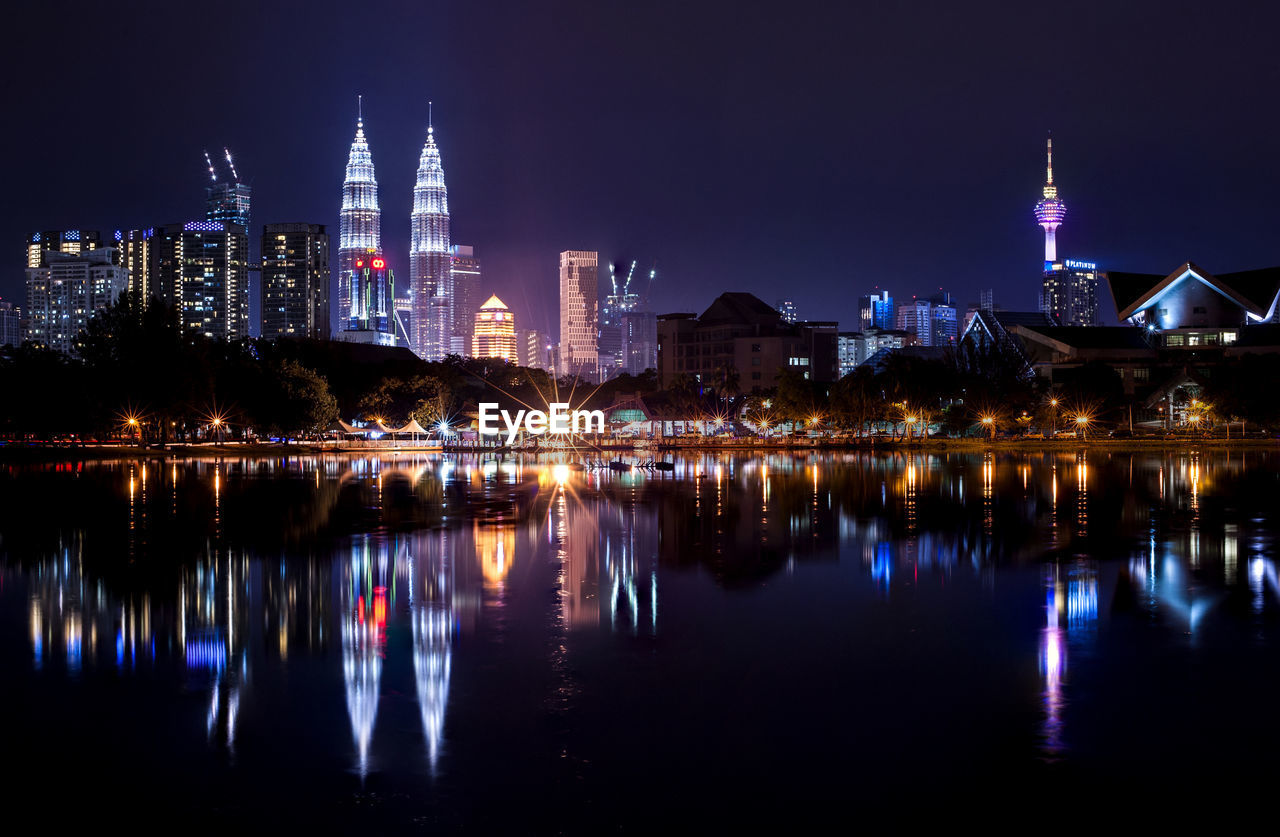 REFLECTION OF ILLUMINATED BUILDINGS IN RIVER