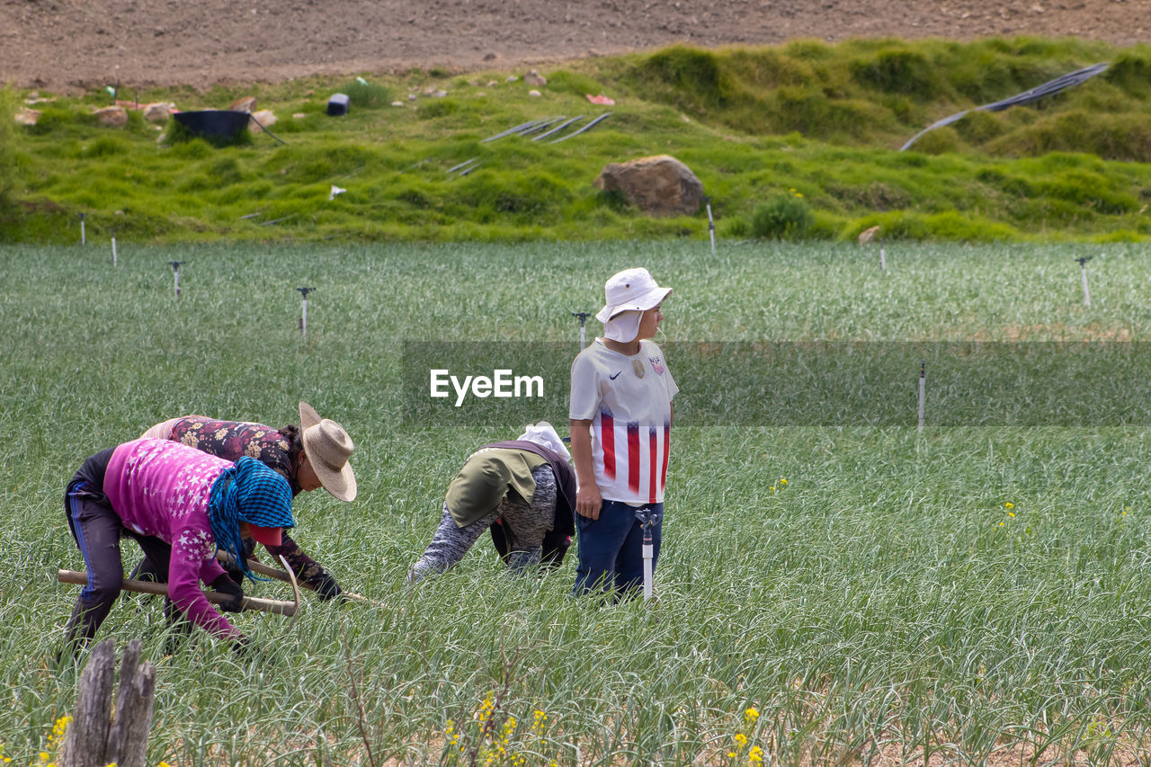 REAR VIEW OF COUPLE ON FIELD