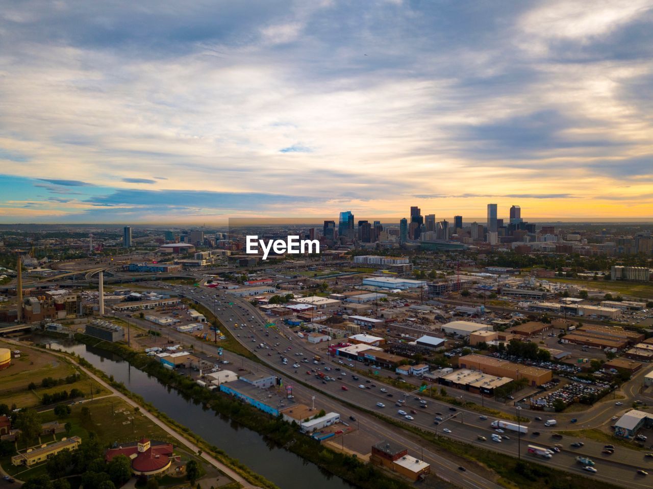 High angle view of city against sky during sunset