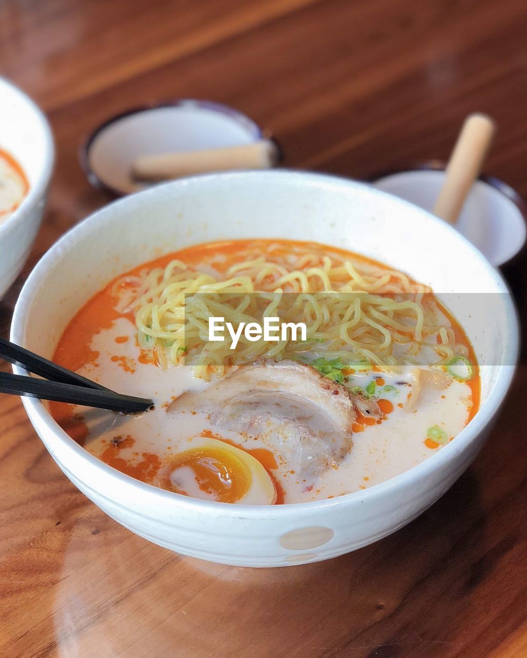 High angle view of ramen noodle soup in bowl