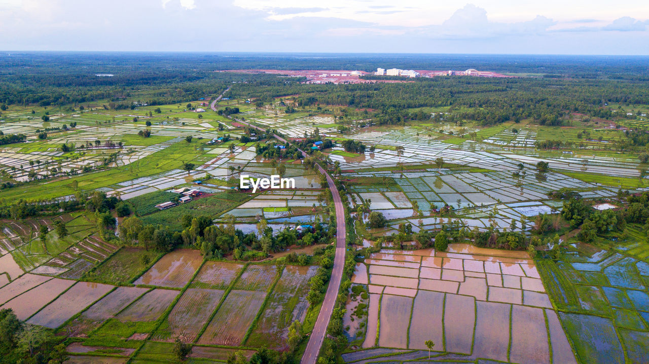 High angle view of agricultural field against sky