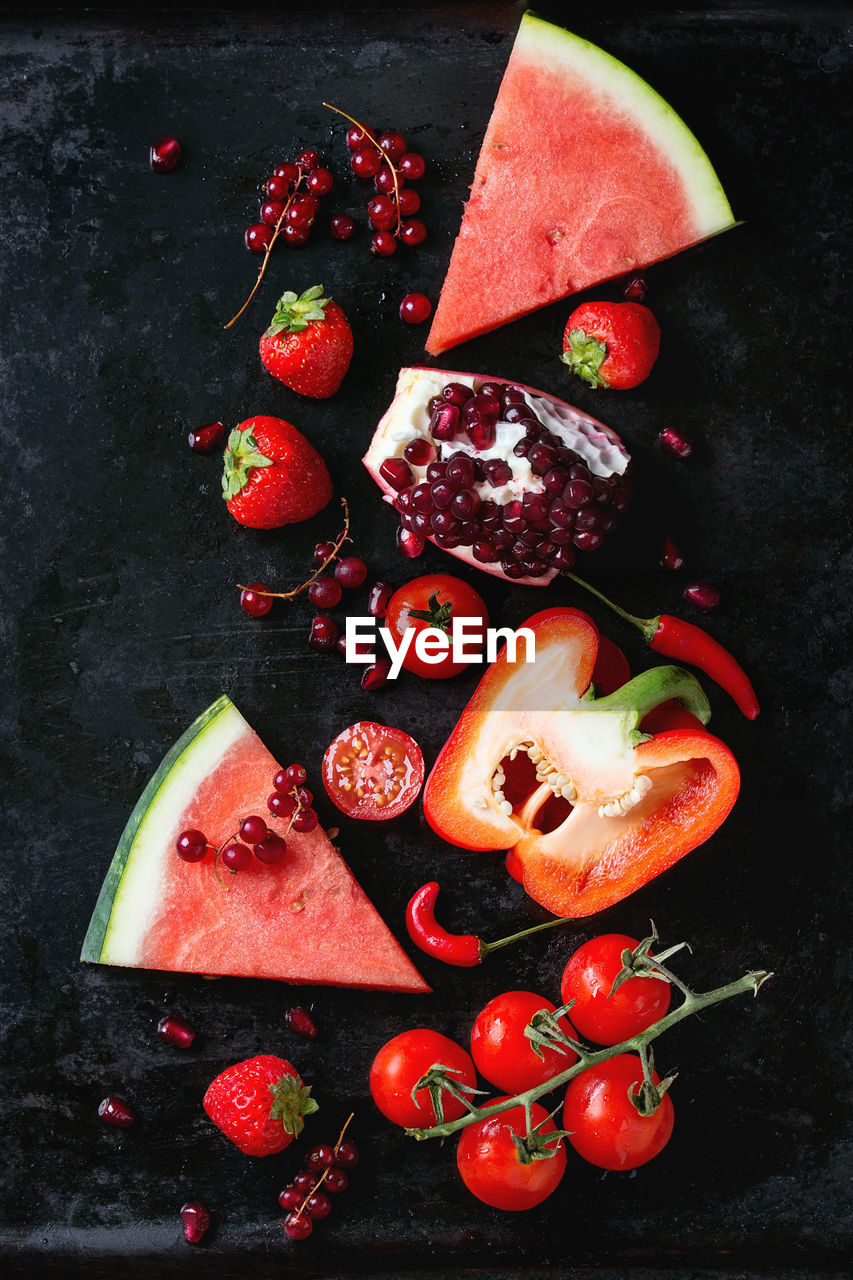 Directly above shot of fruits and vegetables on table