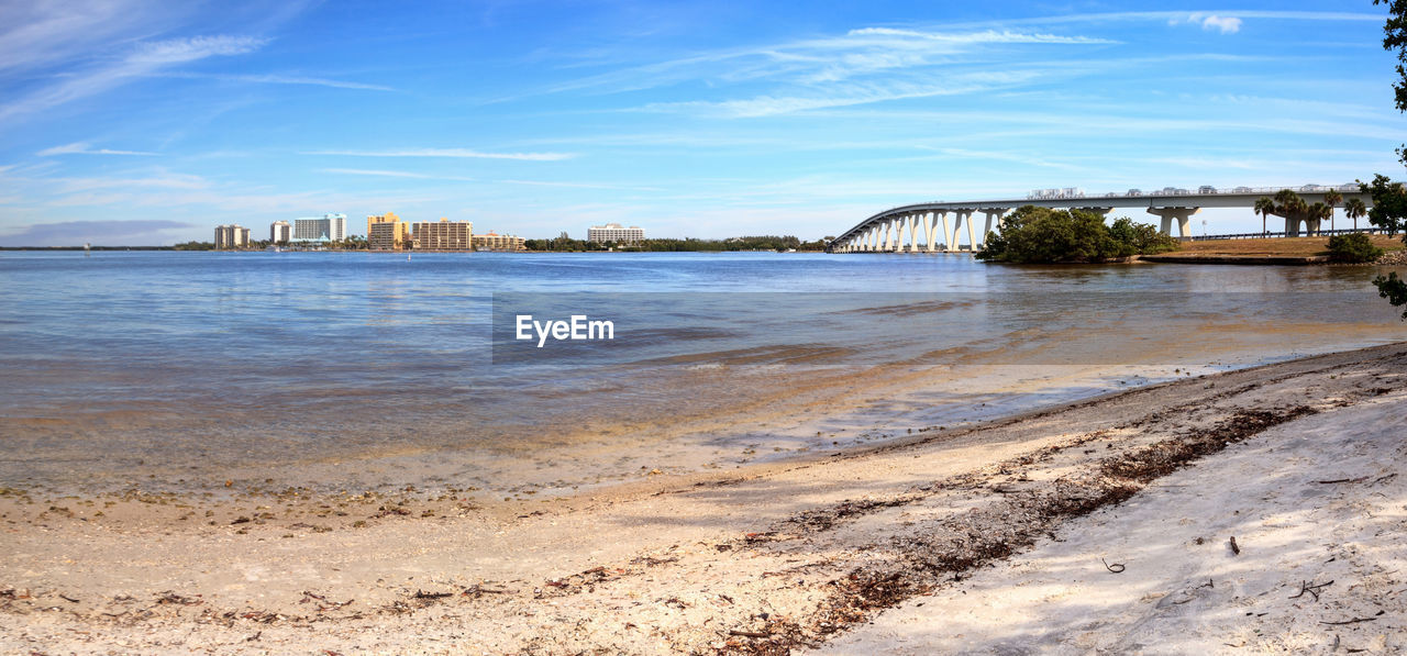 View of beach with city in background