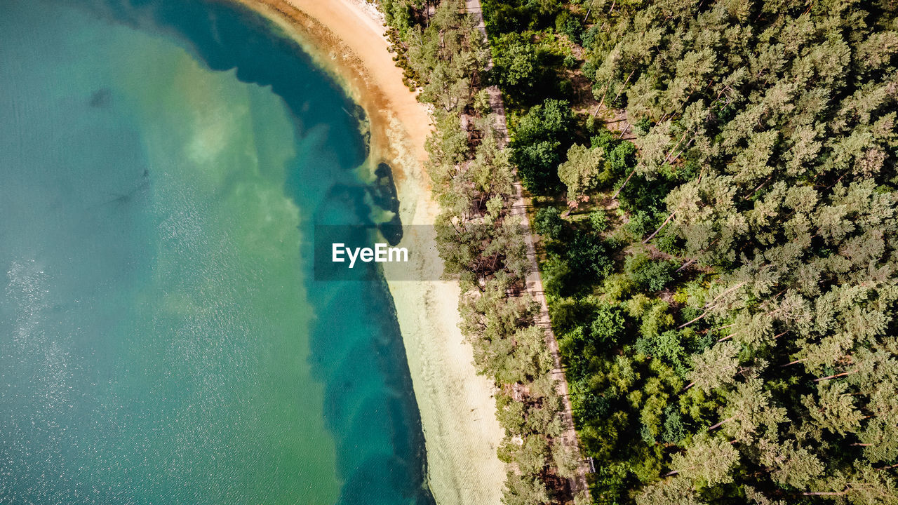 Areal drone shot at lake and surrounding woods