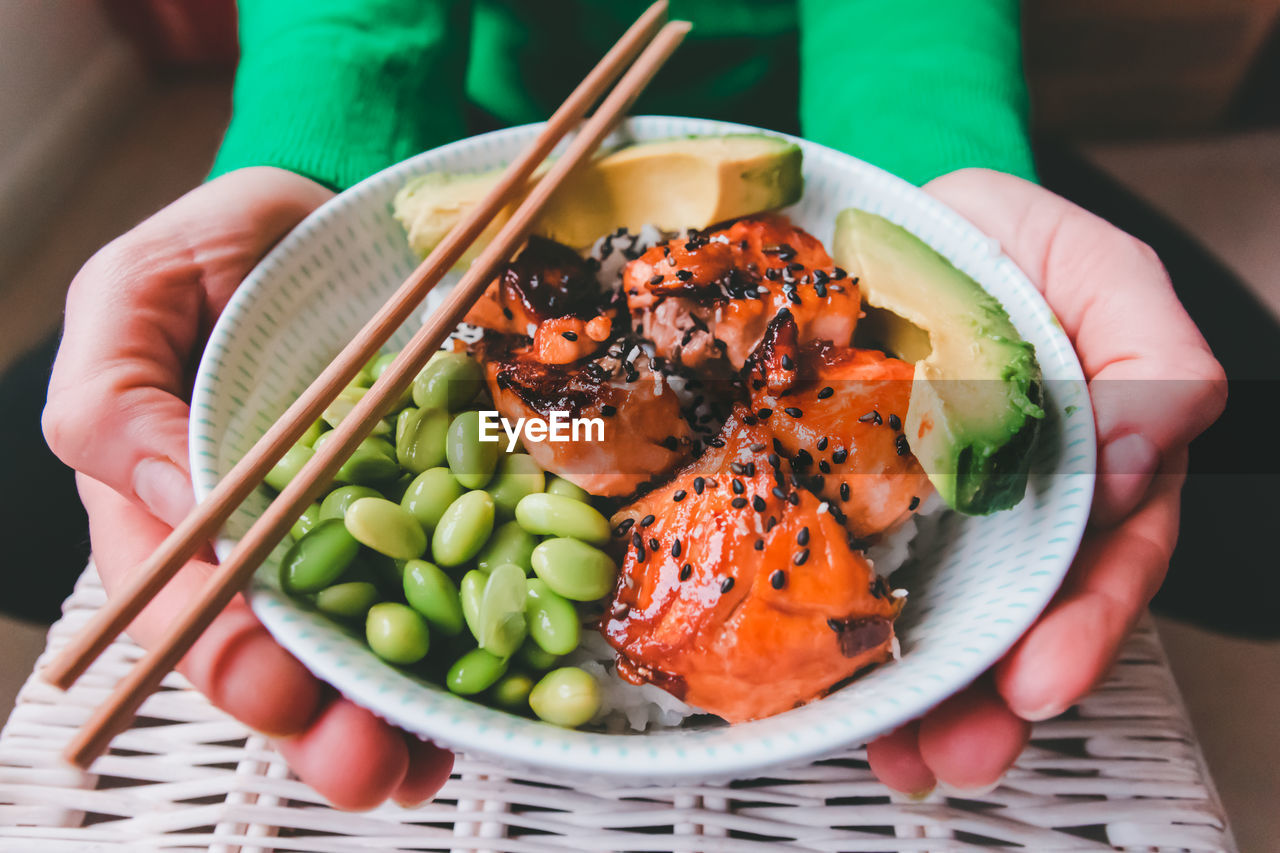 High angle view of salad in bowl on table. asian food, japanese food. 