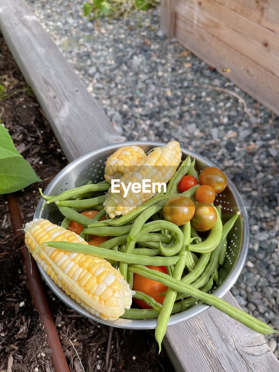 food, food and drink, vegetable, healthy eating, wellbeing, dish, freshness, high angle view, wood, produce, cuisine, corn, no people, vegetarian food, fruit, sweet corn, tomato, meal, organic, plant, nature, day, zucchini, container