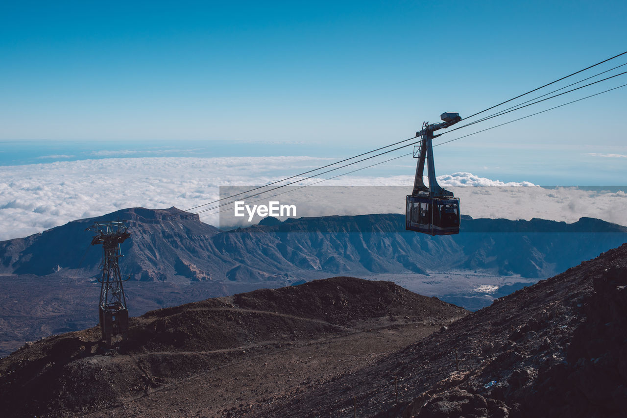 OVERHEAD CABLE CARS OVER SNOWCAPPED MOUNTAINS AGAINST SKY