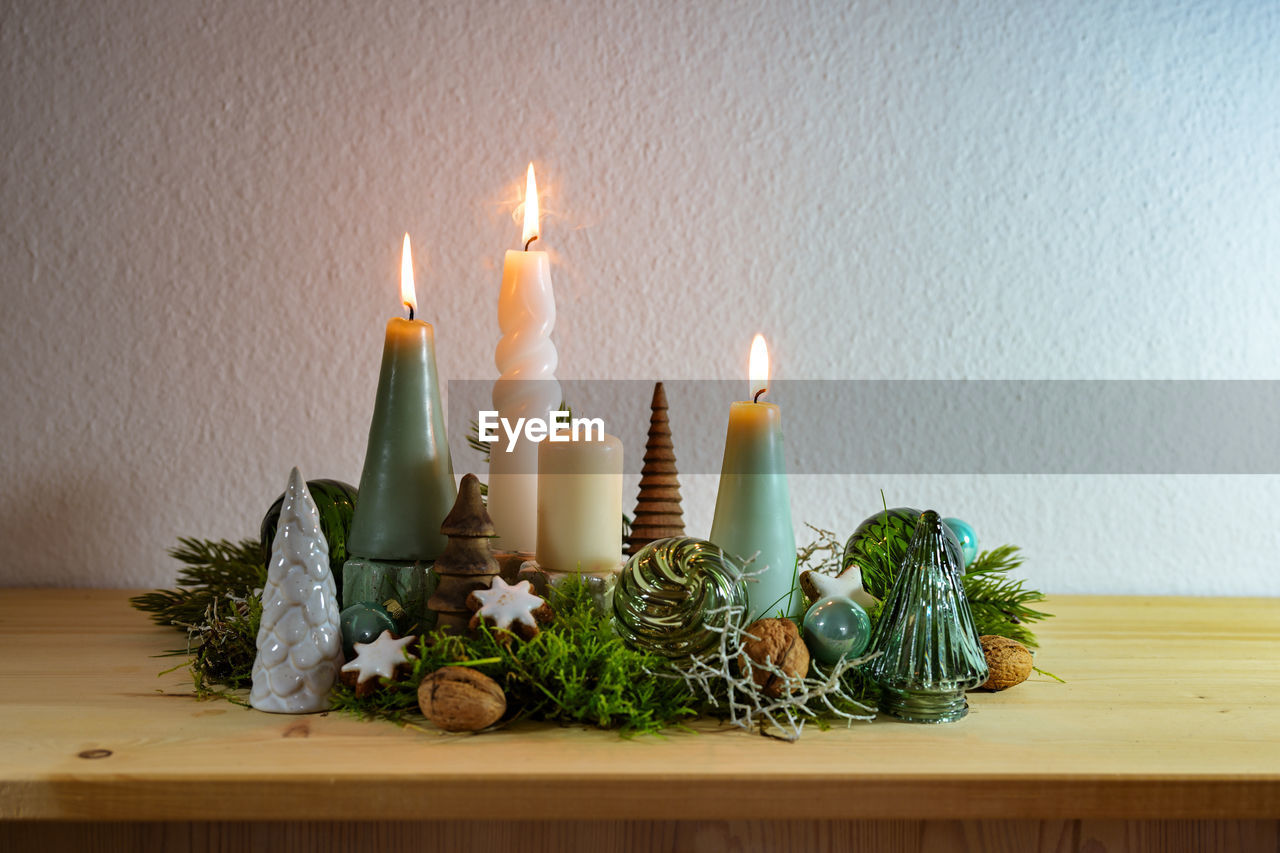 close-up of christmas decorations on table