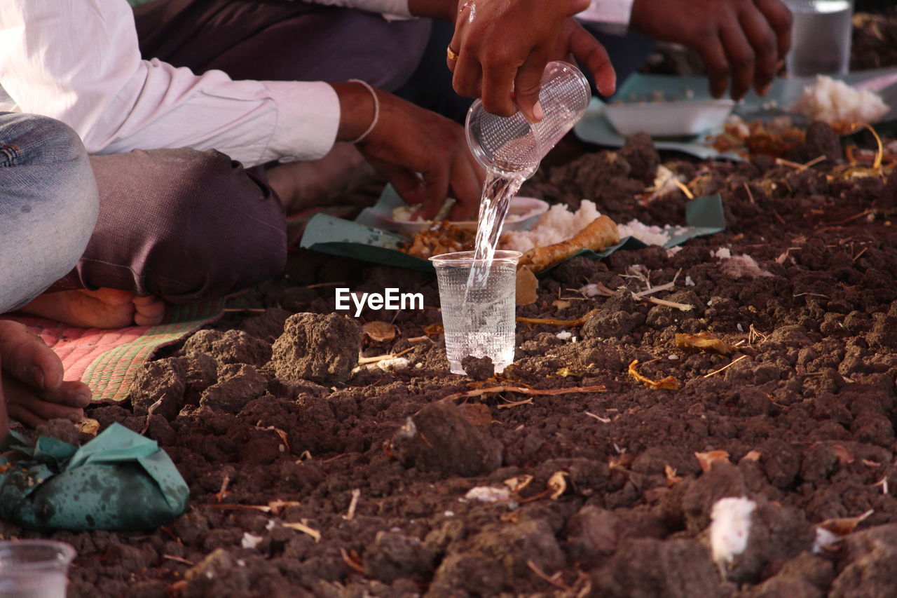 High angle view of people preparing food