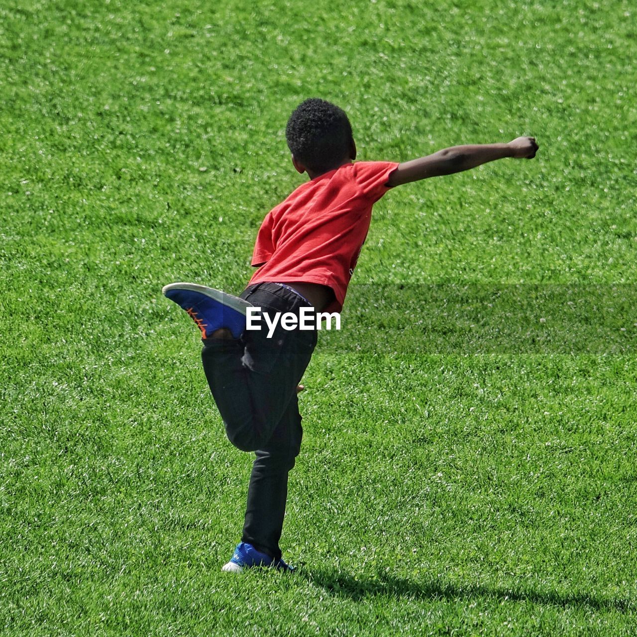 REAR VIEW OF BOY PLAYING ON GRASS