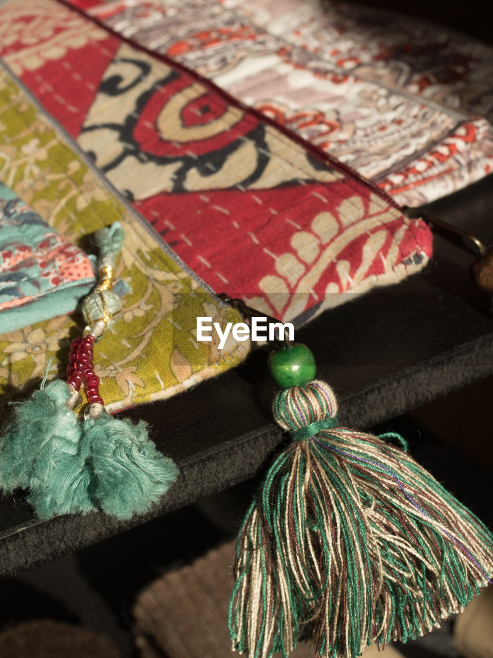 Colorful purses on table