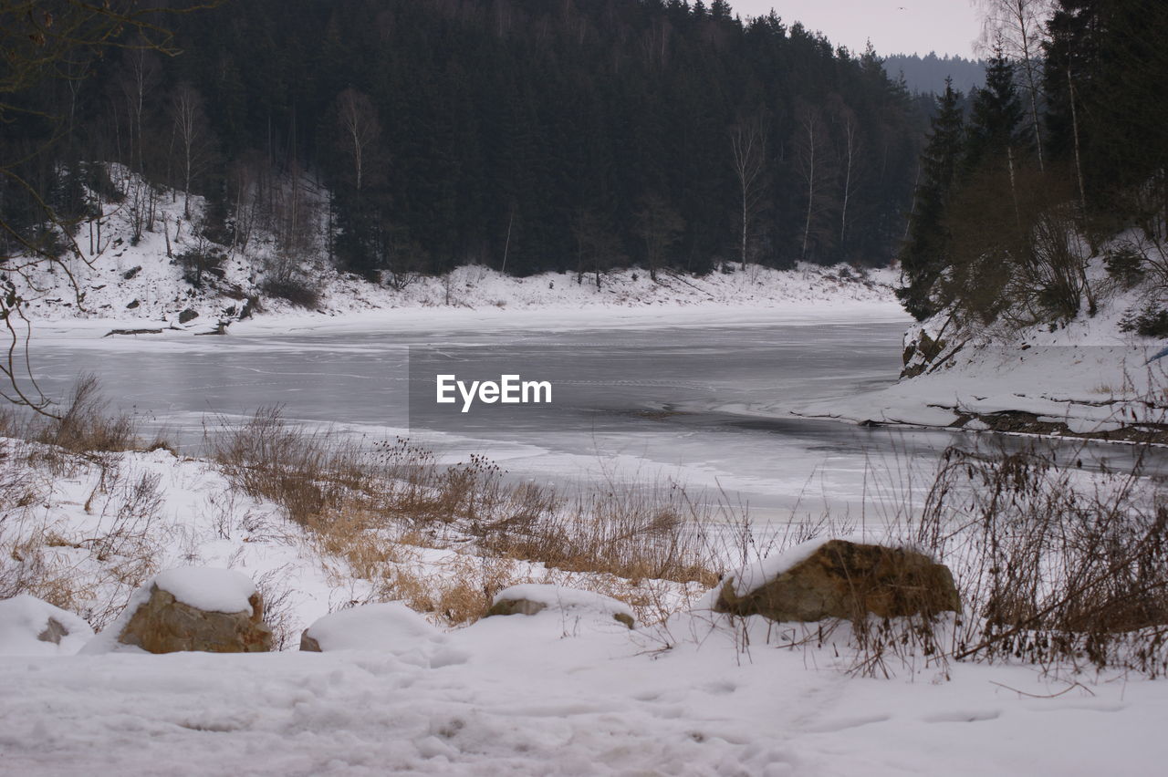 Scenic view of snow covered land by lake