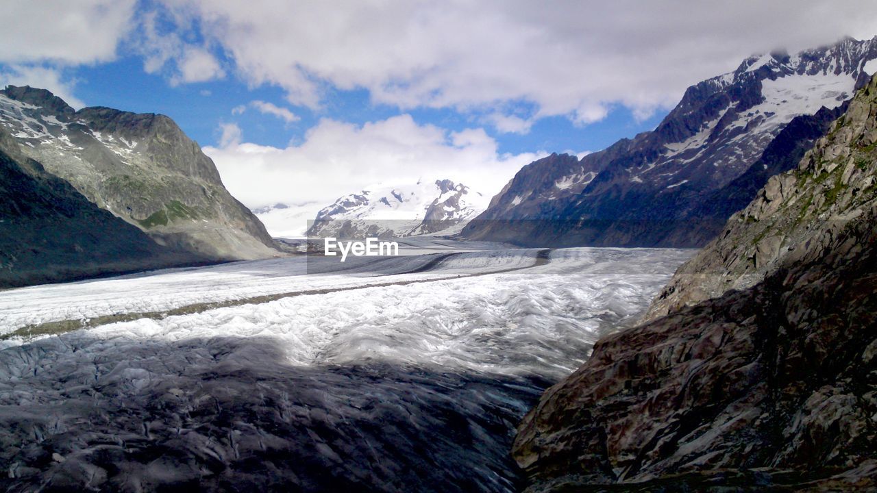 Scenic view of mountains against cloudy sky