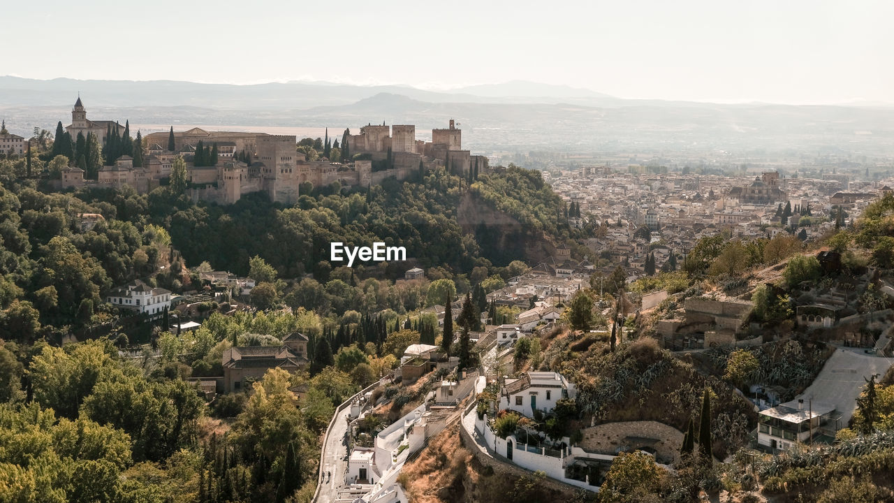 Panoramic view of cityscape against clear sky