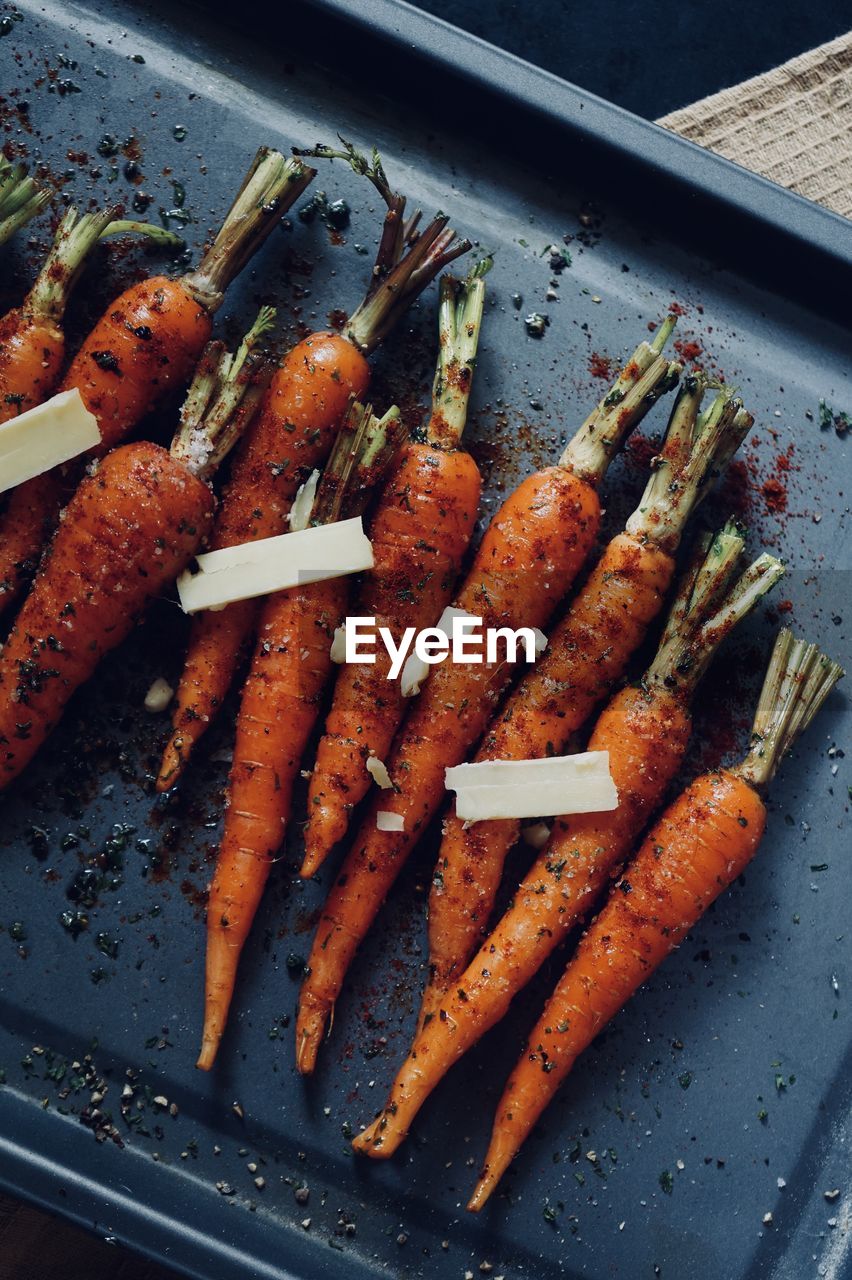 High angle view of carrots in the baking tray